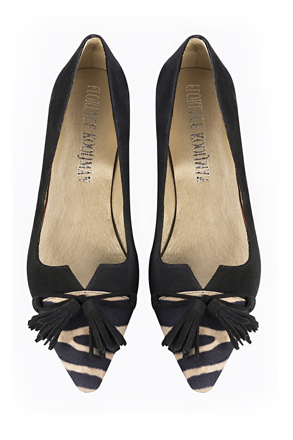 Safari black women's dress pumps, with a knot on the front. Tapered toe. Low flare heels. Top view - Florence KOOIJMAN
